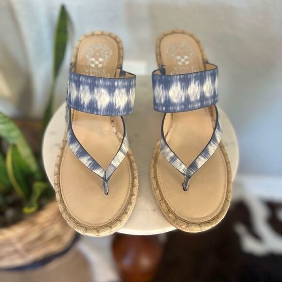 VINCE CAMUTO Lavanda‎ Leather Espadrille Wedge Sandal, Size 9.5, Blue/White, NWT - Picture 1 of 11